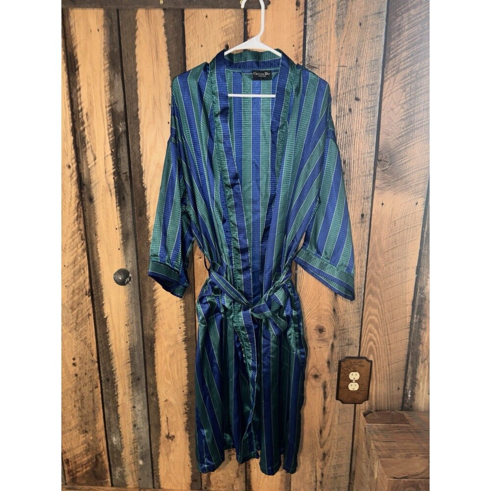 Vintage Christian Dior Monsieur Bathrobe Mens One Sz Lounge Blue Green Striped